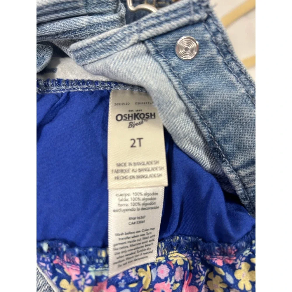 OshKosh B'gosh Overall Dress 2T‎ Blue Denim Floral Tiered Ruffle Girls